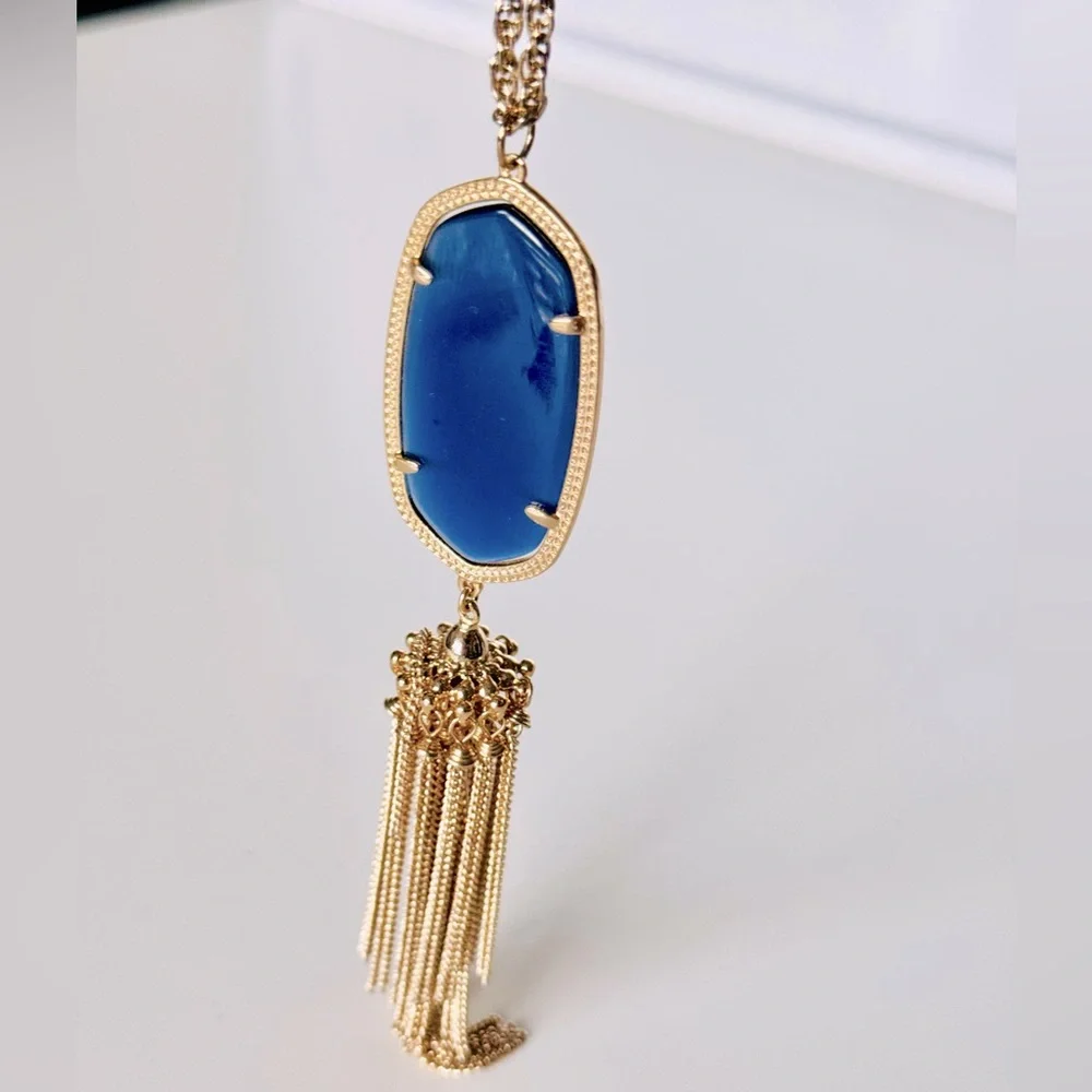KENDRA SCOTT Rayne Long Gold Necklace w Deep Navy Blue Tassel Pendant